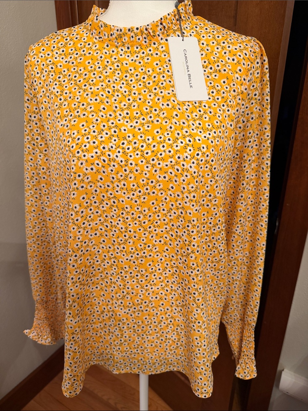 Carolina Belle Sunny Yellow Floral Ruffle-Neck Blouse